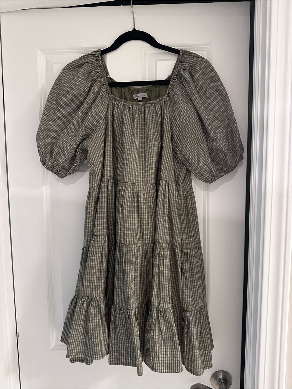 Puff Sleeve Tiered Dress - Olive Gingham